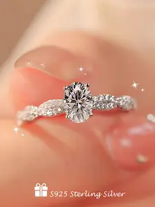S925 Sterling Silver Fashion Artificial Zircon Inlaid Ring, Elegant Engagement Ring for Women, Trendy All-match & Exquisite Jewelry for Birthday Gift