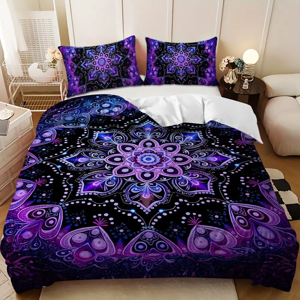 Bedding 3-piece set - 3PCS,purple and black mandala geometric pattern down comforter set (1 comforter cover + 2 pillowcases, filling not included). soft and comfortable, suitable for family bedrooms.