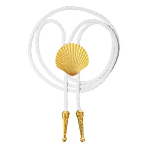 Gold Seashell Bolo Tie 3D Scallop Shell Braided Vegan Faux Leather Pretty Handmade Statement Necklace Adjustable Western Jewelry