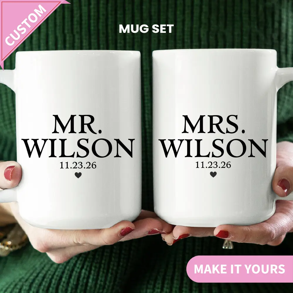 Personalized Mr&Mrs Set, Ceramic Mugs with Custom Text Print, Kitchen Drinkware for Wedding Gifts
