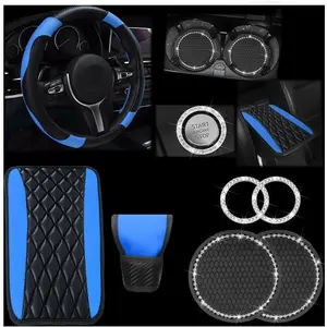 New Upgrade 7PCS Car Accessories Set, Carbon Fiber Leather Vehicle Steering Wheel Cover Shift Knob Cover Armrest Cushion Bling Coaster & Starter Ring, Universal Automotive Interior Protector Kit (Blue)