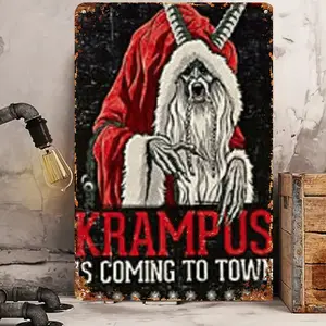 "Krampus Comes to Town" Spooky 8x12 in Rustic Metal Tin Sign - Home Decor Signage, Halloween Wall Accent for Home, Bar