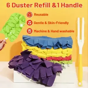 Duster Refills for Swiffer, Microfiber & Fleece Dusters, 6 Duster Refill and Handle, Includes handle, Reusable Cloths, Washable Hand Dusters Pads, Reusable Washable Pads for Dust Removal on Fans, Blinds, Ceilings and All Surfaces