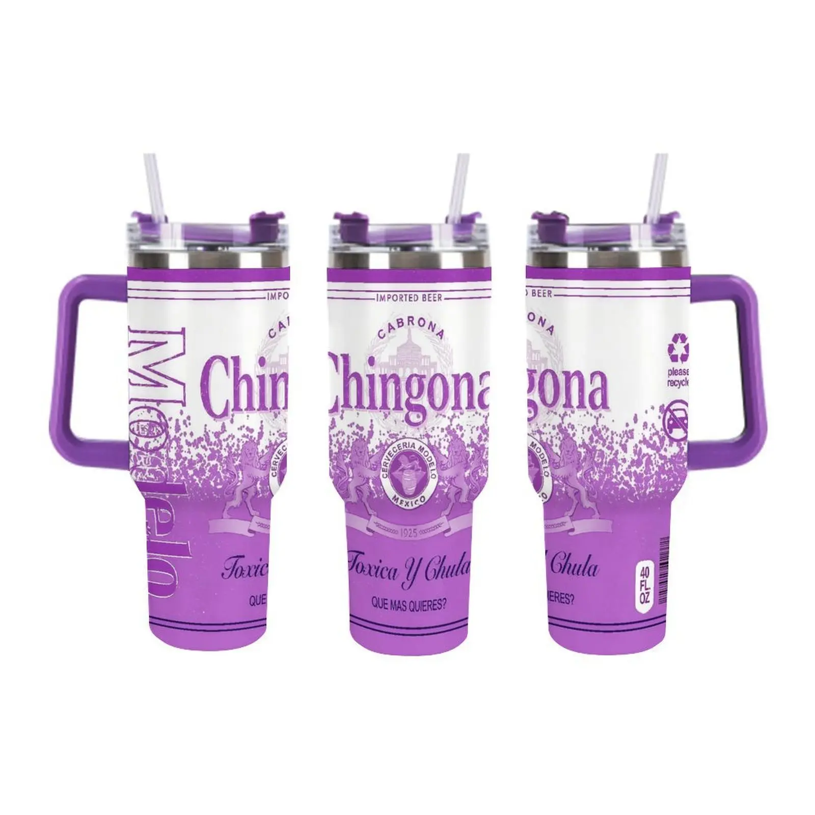 Chingona 40oz Tumbler With Handle, Toxica y Chula Mexican Inspired Stainless Steel Travel Mug, Insulated Cup with Lid, Funny Latina Sarcastic Quote Tumbler, Birthday Gift for Her, Wife, Mom & Friends,Mother's Day Gift