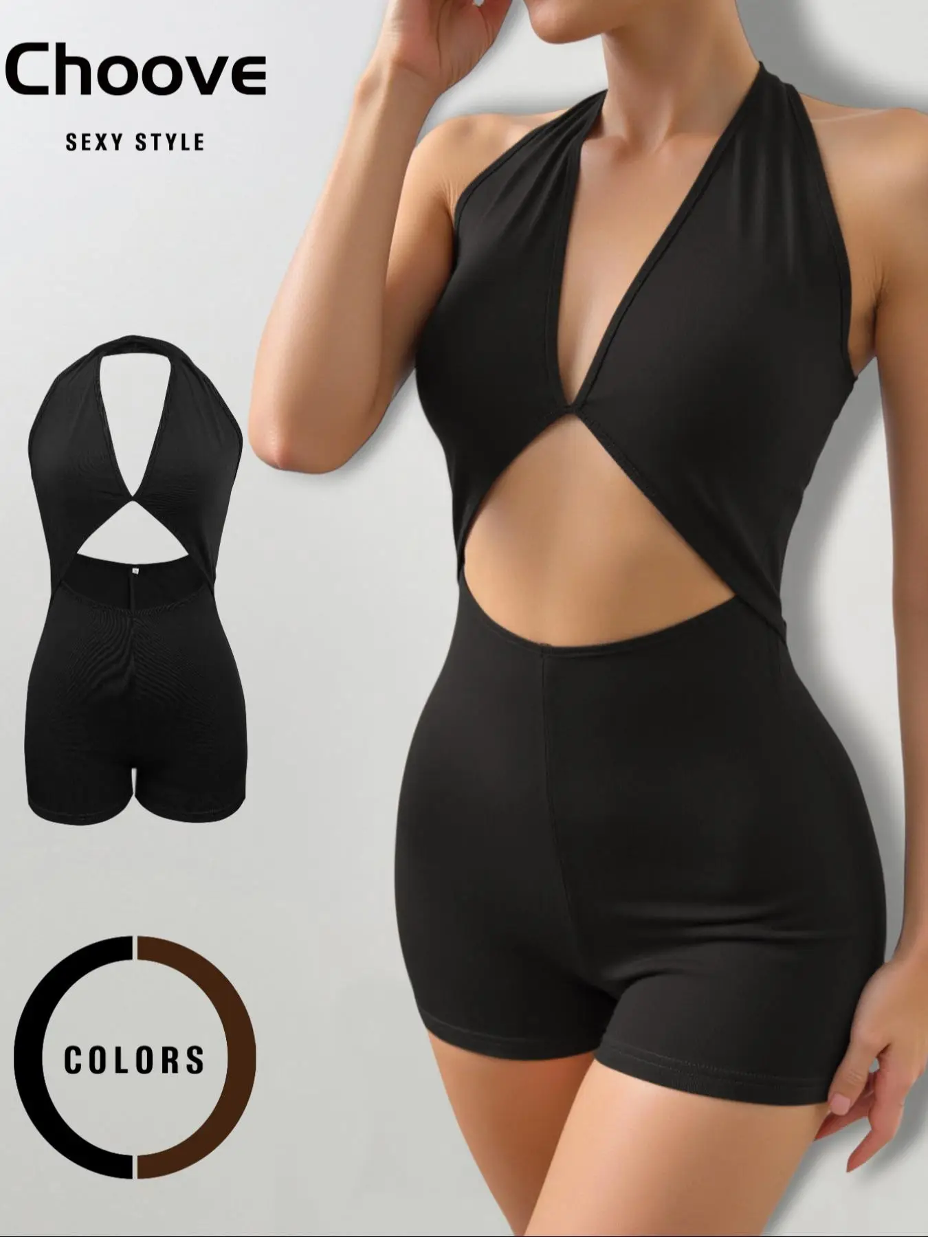 Women's Back To School Solid Cut Out Backless Halter Romper, Casual Sleeveless Skinny Romper for Summer, Fashion Women's Clothes for Daily Wear, Rompe