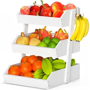 Bamboo Fruit Basket for– 3 Tier Fruit Bowl For Counter, Large Fruit Holder With Banana Hangers, Idea For Vegetable, Bread Display, Snack Organizer(White)