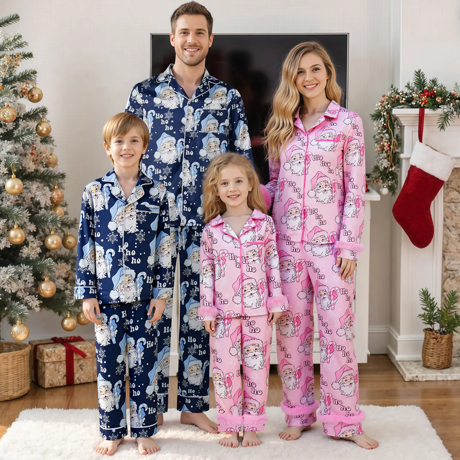 Babamoon Women's Christmas Family Matching Satin Silk Pajama Set - Santa Claus Long Sleeve Button Down Tops & Pants, Festival Party Xmas Sleepwear Clothes, Pyjamas
