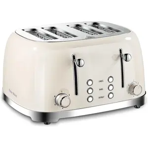 4 Slice Toaster  Retro Steel with Bagel Defrost Cancel Function, 6 Browning Settings, Extre Wide Slot and Removable Crumb Tray, Cream, ST033