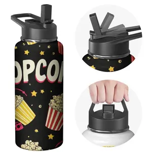 Popcorn-Themed Stainless Steel Water Bottle with Black Lid and Popcorn Bucket Print, Ideal for Movie Nights and Outdoor Activities