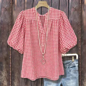 Cherrybetty 100%Cotton Classic Gingham V-Neck Bubble Sleeve Cotton Top Plus Size Summer Outifts Women's Summer Clothing Women's Fashion Cute Tops For Women Chic Tops