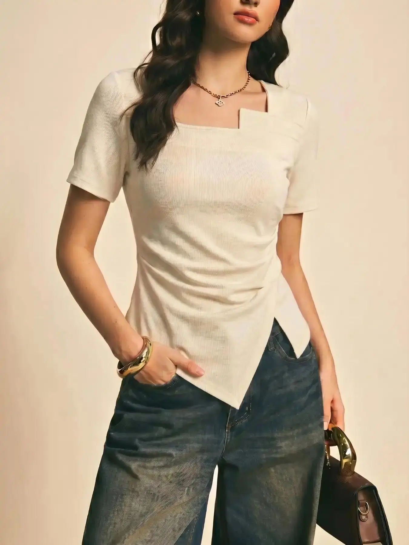 French Style Unique Slanted Neck Fitted T-Shirt, Waist Cinched, Casual Office Wear, Elegant Summer Short Sleeve Top, All-Season Plain Design, Women, Womenswear