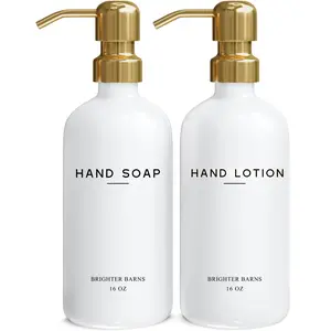 Luxury Glass Soap and Lotion Dispenser Set by Brighter Barns - Liquid Soap Dispenser Bathroom Set - White and Gold Bathroom Accessories for Vacation Rental, Airbnb, Hotel, Wedding Gift (Gold)
