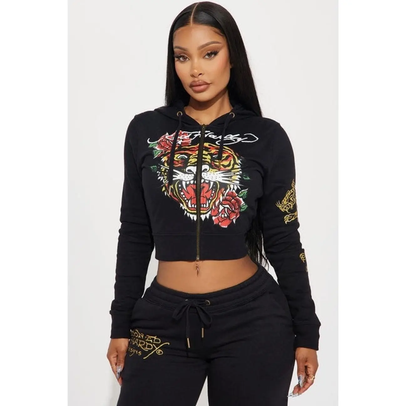 ED HARDY Women's Retro Tiger Graphic Zip-Up Hoodie, 2000s Style Long Sleeve Cotton-Polyester Sweatshirt with Front & Back Print, Longsleeves, Tops, Garment, Pullover, Graphic Hoodies, 2000S Retro Style Women's Hoodies
