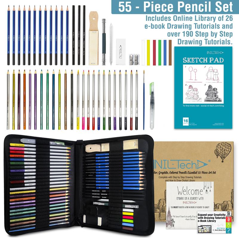 NIL-Tech 55-Piece Premium Drawing & Coloring Art Kit - Charcoal andGraphite Pencils, Watercolor Pencils with Water Brush, Travel Sketchbook, Digital Tutorial Library