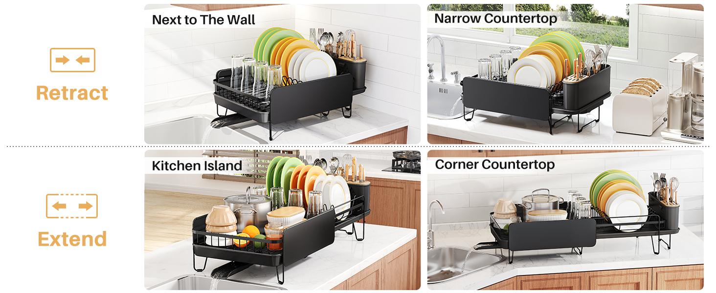 SNTD Dish Drying Rack - Large Dish Racks for Kitchen Counter, Expandable Dish Drainers with Cutlery Holder Stainless Steel Rustproof