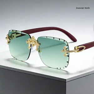 Wood-grain imitation frame sunglasses, cross-shaped frameless sunglasses, party street style eyewear Polarized Large Retro Sunglasses Unisex