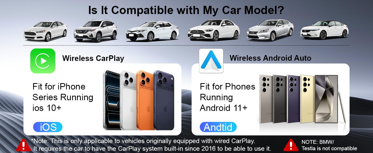 3-in-1 Wireless CarPlay Adapter & Android Auto Wireless Adapter, Plug & Play, Easy Setup, Supports Netflix, YouTube, TF Card, and More for Cars with OEM Wired CarPlay/Android Auto