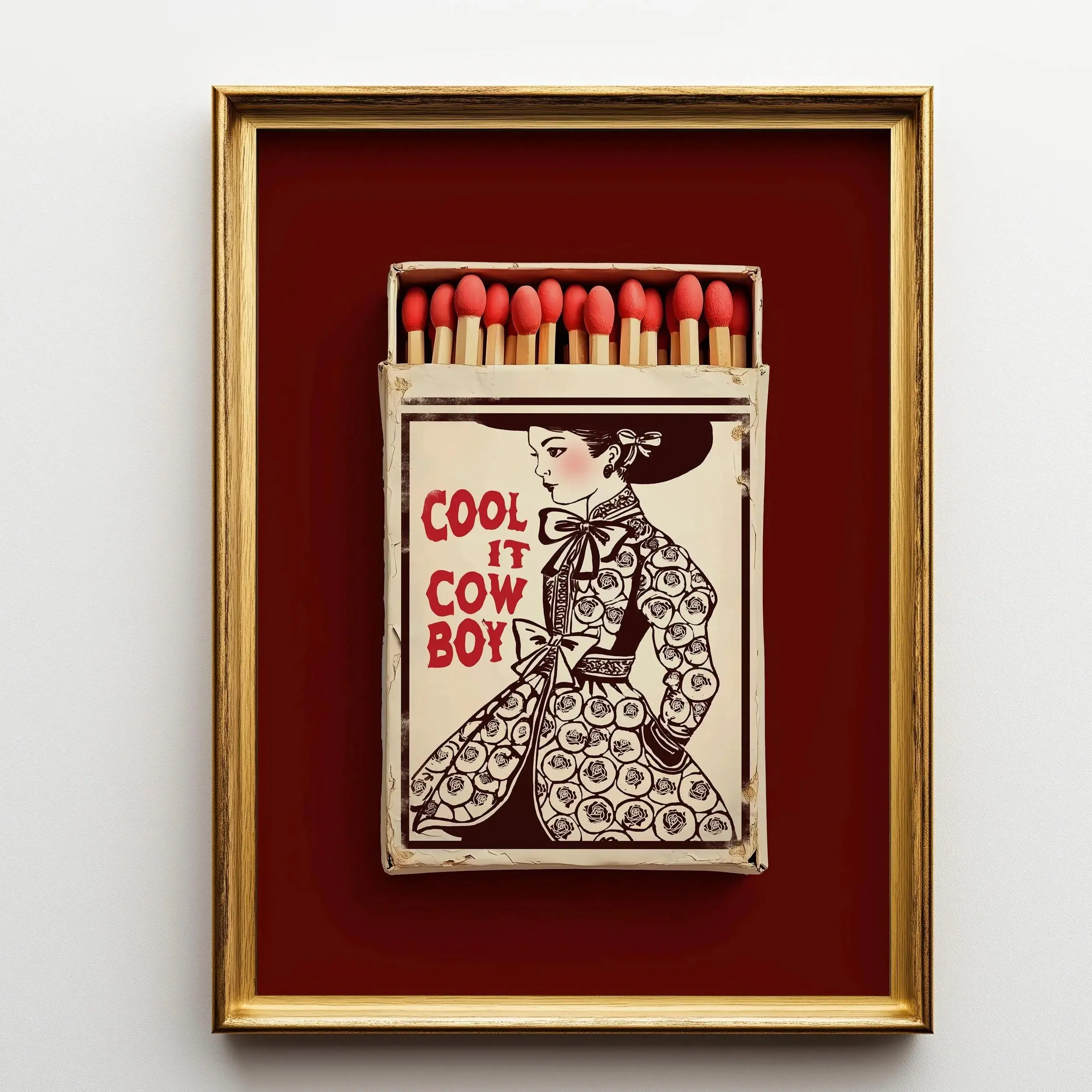 Cool It Cowboy Poster Burgundy Western Wall Art Romantic Red Matchbox Style Valentines Decor Coquette Aesthetic