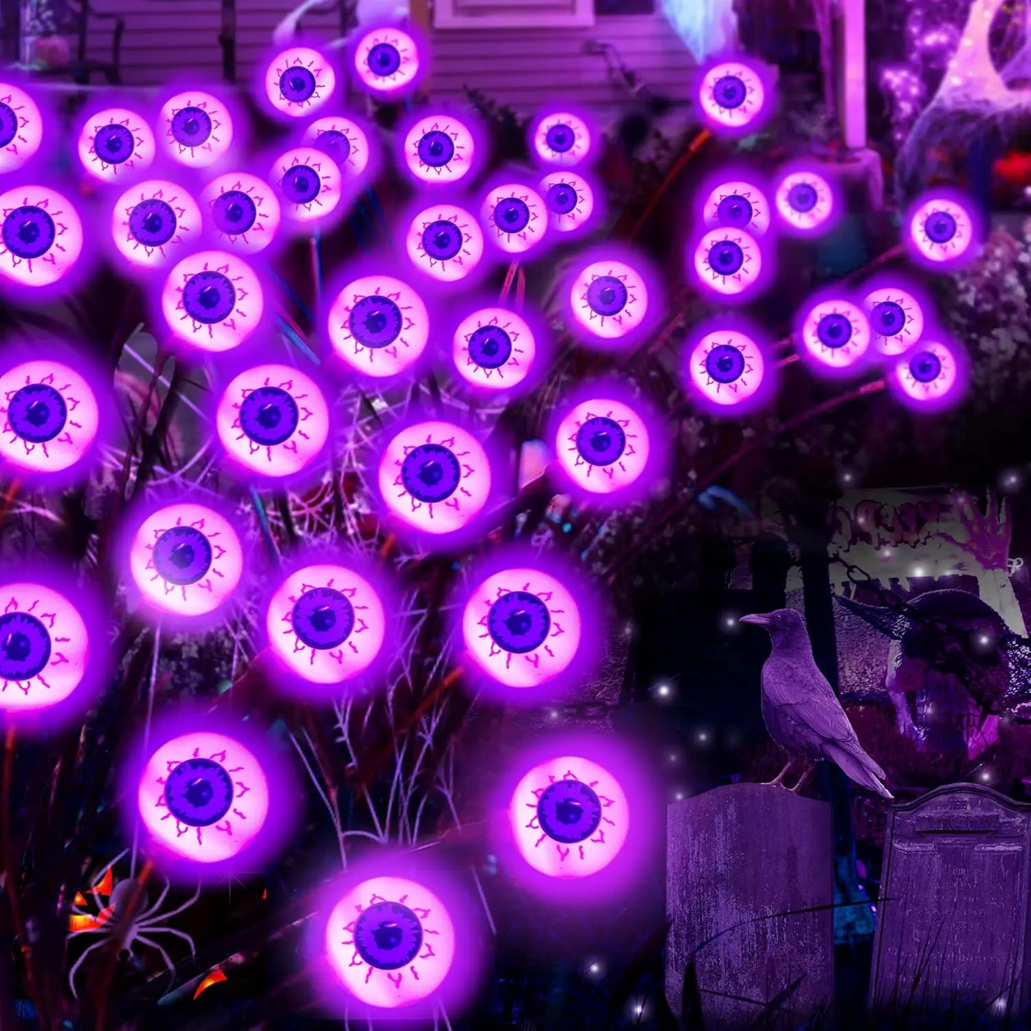 4 Pack Solar Purple LED Eyeball Halloween Outdoor Lights - , Swaying Fairy Lights for Pathway, Yard & Garden Decorations