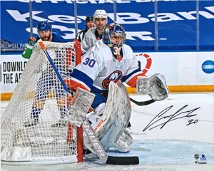 Ilya Sorokin New York Islanders Autographed 16" x 20" White Jersey in Net Photograph - Fanatics Authentic Certified