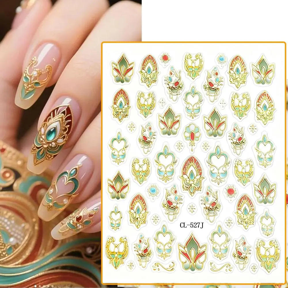 1PC 5D Embossed Gold Bohemia Shiny Diamond Nail Stickers Vintage Totem Lotus Jade Nail Decals 8*10cm Adhesive Manicure Supplies