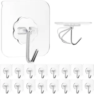 Adhesive Hooks Wall Hooks for Hanging, 16 Pack Heavy Duty Self Sticky Hooks 22lb(Max) Stainless, Waterproof Oilproof Utility Hooks for Coat Keys Bathroom Shower Kitchen Wardrobe Outdoor, Clear