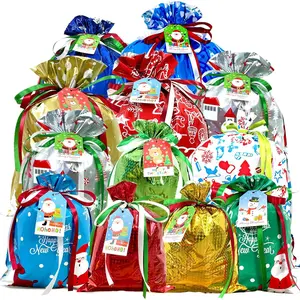 38 count Christmas Drawstring  Bags Assorted Size Small Medium Large, Holiday Xmas Presents Wrapping Bags with Tags