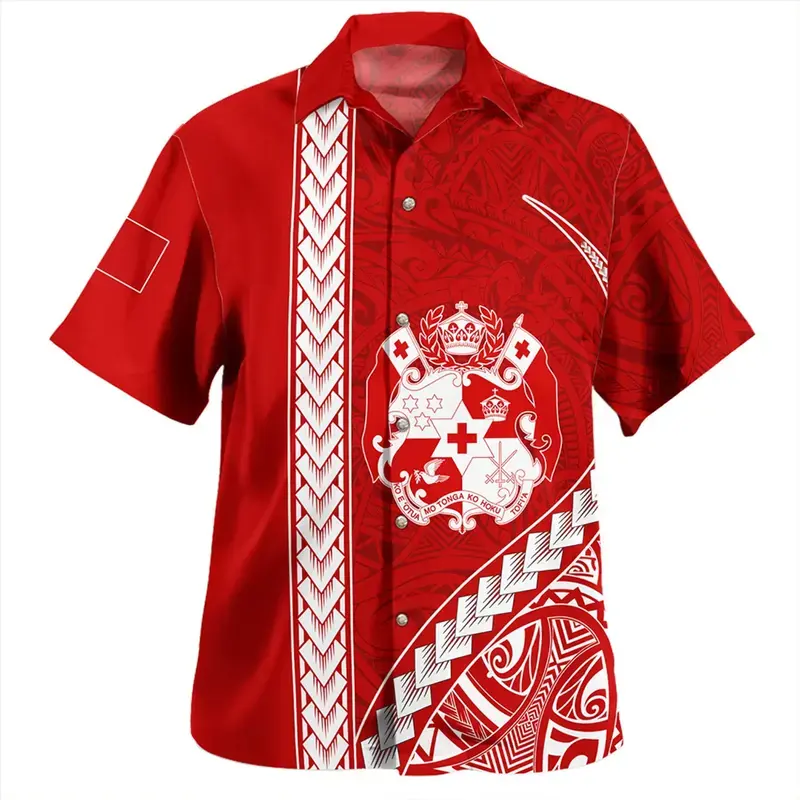 Men's Red Tongan Pride Polynesian Graphic Shirt – Lightweight Short Sleeve Button Down Hawaiian Shirt for Summer