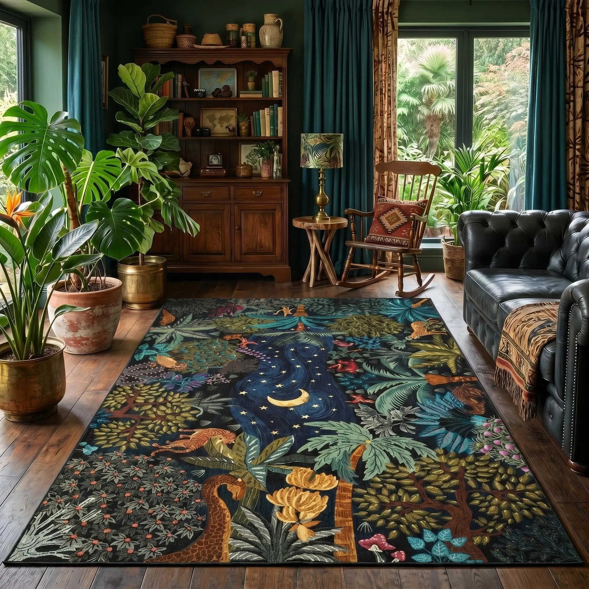 5x7 Jungle Area Rug Washable Rugs for Living Room Bedroom, Soft Low Pile Non Slip Accent Floor Mat Animal Print Throw Rug Indoor Carpet Dining Room Playroom