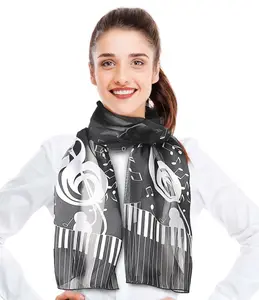 CBC Crown Lightweight Large Treble Clef Design Silk Feeling Music Scarf - Black