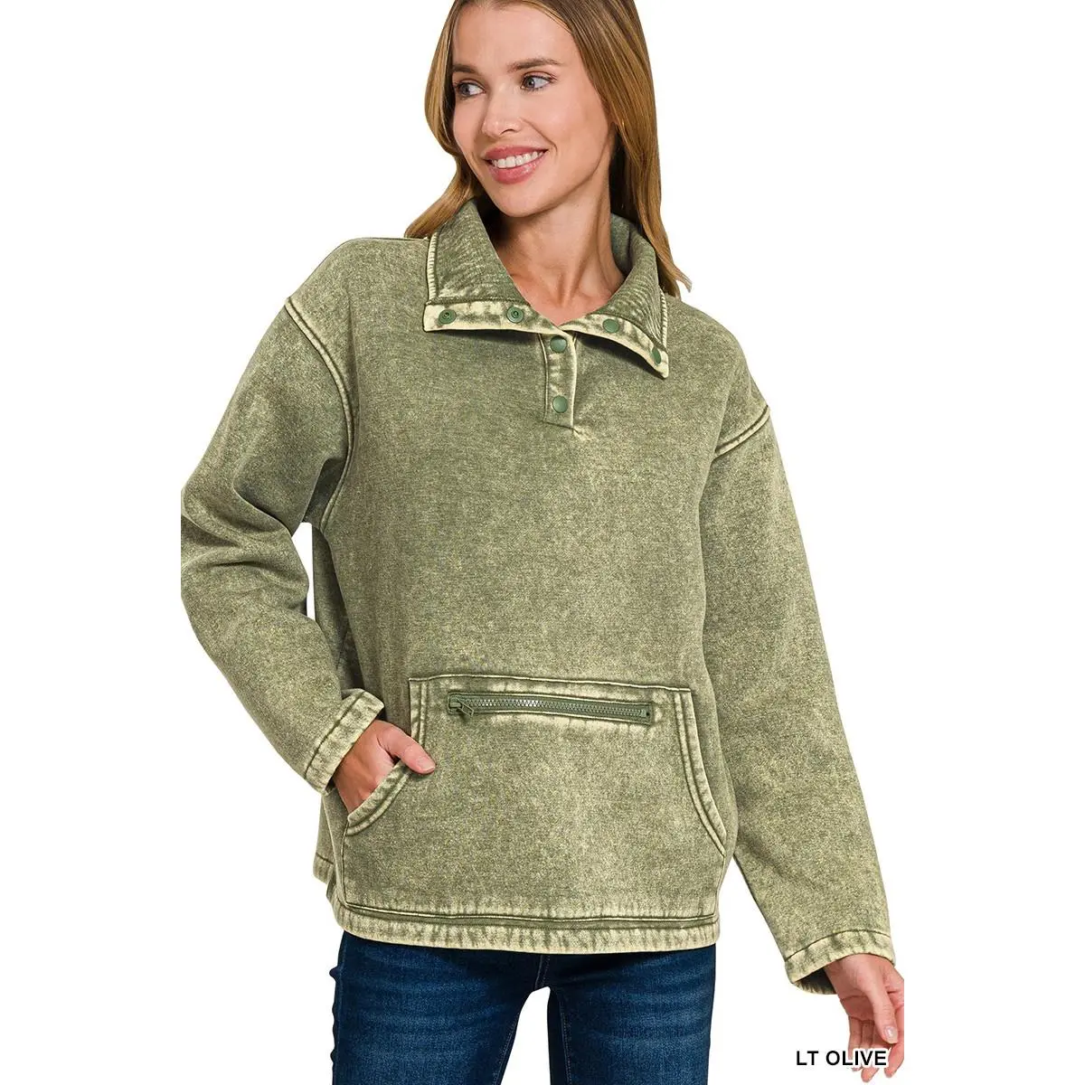 Zenana Women's Simple Soft Washed Fleece Turtleneck Sweatshirt, Casual Long Sleeve Pullover with Kangaroo Pocket, Fabric, Basic, Stretchy, Cotton, Comfortable, Tops, Long Sleeves