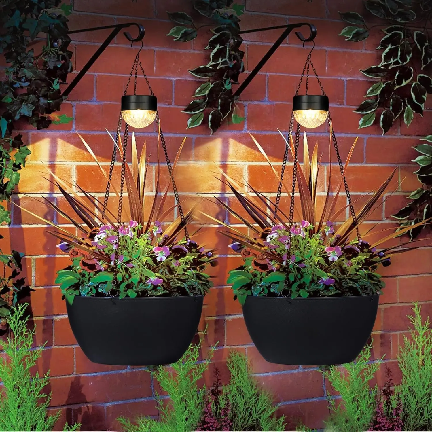 2 Packs Hanging Planters Basket for Outdoor , Solar  Self Watering Black Round Plastic Flower Pots with Drainer for Balcony Patio Garden Outdoor Decoration
