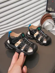 Closed-Toe Casual Sandals, Retro Korean Style, Velcro Closure, Toe Protection, Anti-Slip Sole, Breathable Mesh, Ages 1-5