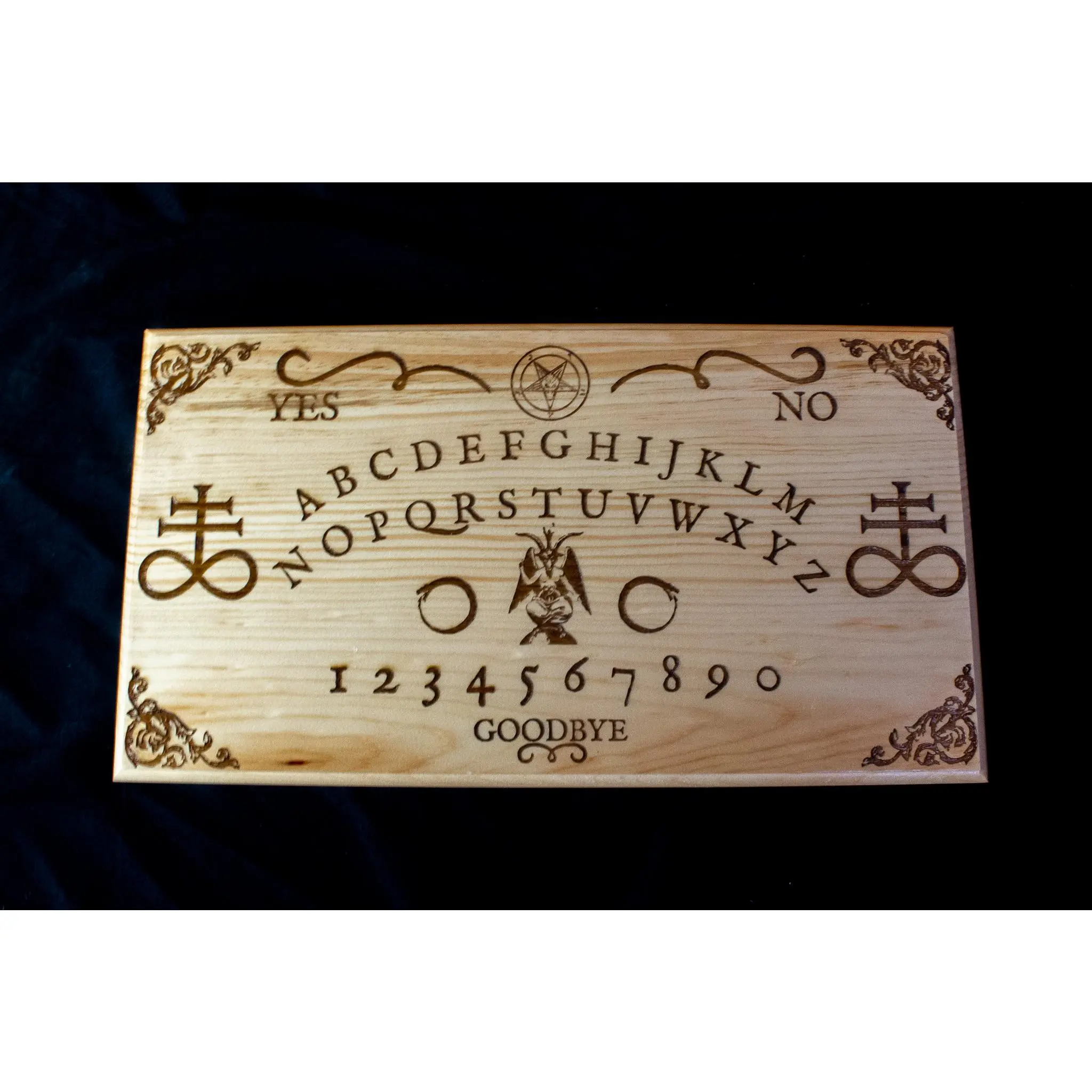 Solid Wood Ouija Board - Engraved Spirit Board with Planchette - Satanic Design
