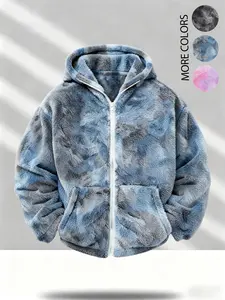 Men's and women's matching hooded Tie Dye plush coats, winter and autumn warm outerwear jackets and tops; stylish, trendy, versatile, suitable for young people, casual wear, students, campus life, and streetwear – perfect for staying warm