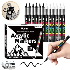 12 pieces, 6 black and 6 white, automatic ink control acrylic paint markers, acrylic felt, felt coloring, alcohol markers, Acrylic marker pens, art supplies, student school art studio supplies, suitable for rock painting, canvas, fabric, stones, wood