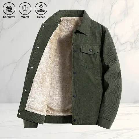 Men's Vintage Corduroy Jacket - Plain Classic Menswear, Thick Heavy Warm Fleece-Lined Collar, Long Sleeve Everyday Fall Winter Commuter Streetwear Coat, Beige