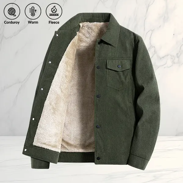 Men's Vintage Corduroy Jacket - Plain Classic Menswear, Thick Heavy Warm Fleece-Lined Collar, Long Sleeve Everyday Fall Winter Commuter Streetwear Coat, Beige