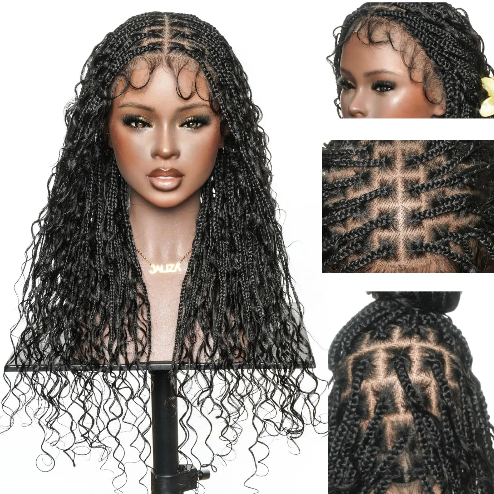 JALIZA Mila 24" Boho Box Braids Lace Wig, Human Hair with Curls, Glueless Full Hand-Tied & Knotless Pre-Cut Design, Knots Boho Braids, Boho Braids