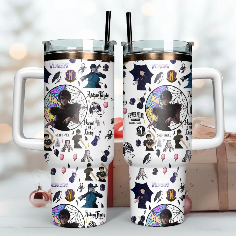 Wednesday Nevermore Academy 40oz Tumbler with Handle & Straw, Addams Family Gothic Insulated Cup, Thing Raven Spiderweb TV Series Travel Mug, Spooky Fan Gift for Wednesday Lovers