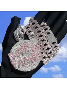 Full Diamond Multicolor Letter Round Pendant Cuban Chain Necklace Hip Hop Trendy Jewelry Fashionable Unique Gift for Men Women