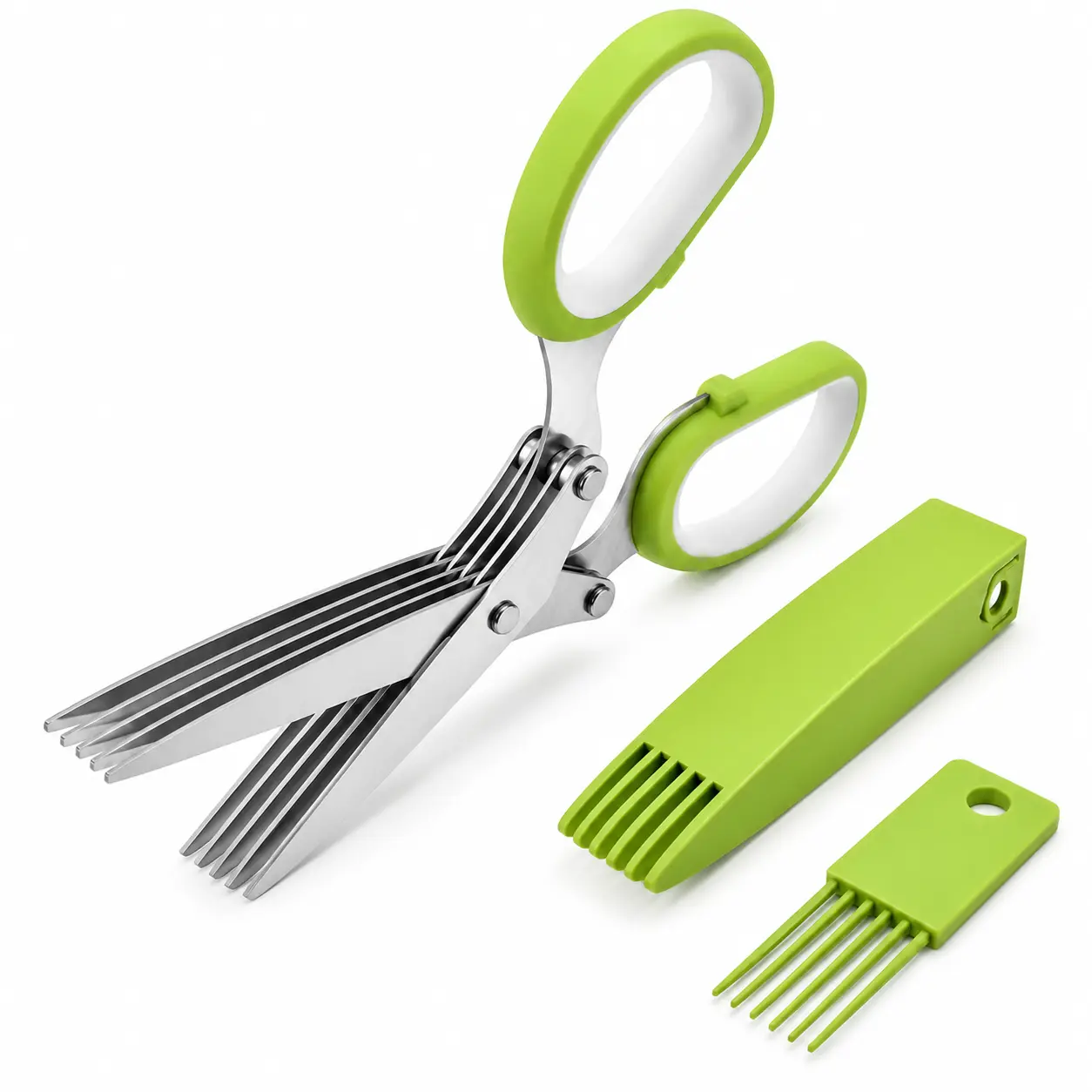 Stainless Steel  5-Layer Stainless Steel Herb Scissors with Safety Cover and Cleaning Comb, Safe PP Handle, Easy-to-Clean Multipurpose Tool for Chopping Chives, Cilantro, Home Cooking, Five Blades
