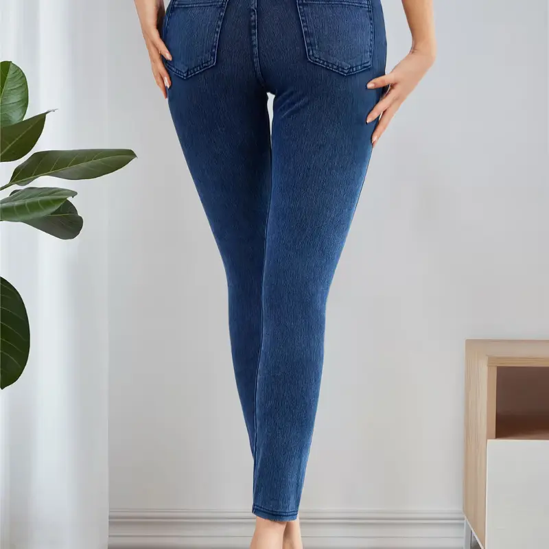 Women's High-Waist Knitting Artificial Denim Printed Leggings - Comfortable Women's Clothing Bottom, Elastic Pants with Fake Pockets for Biking, Camping,outdoorfun