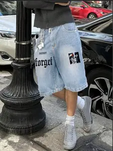 Denim Shorts Light Wash "Never Forget" Gothic Slogan Print | Portrait Patch Accent & Vintage Retro Grunge | Unisex Streetwear OOTD Essential | TikTok Viral Y2K Casual Daily Wear Statement Shorts for Men Women 2026 Spring New Drop