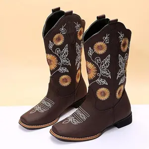 gloryinterest women’s cowgirl western boots, mid-calf height, sunflower embroidery, stitched square toe, low heel, US sizes 6–10.5, leather walking shoes, casual footwear, comfortable