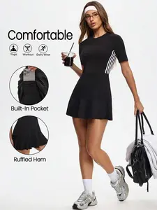 SLAYAURA Black Short Sleeve Tennis Dress Athletic Workout Skater Dress With Striped Side Panels, Stretch Sports Mini