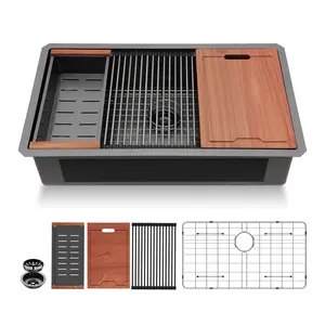 Lordear 33 Black Kitchen Sink Undermount Honeycomb Nano Finish 16 Gauge T304 Stainless Steel Single Bowl Workstation Sink with Cutting Boards Handmade