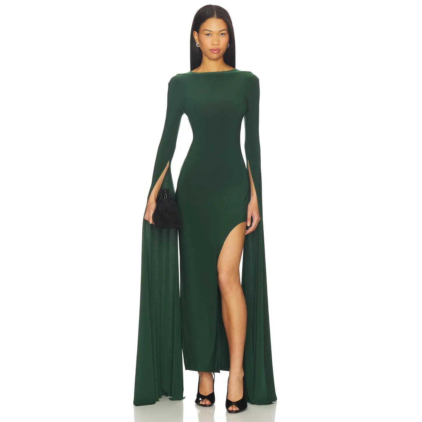 Norma Kamali Open Back Ribbon Sleeve Wide Slit Gown in Dark Emerald