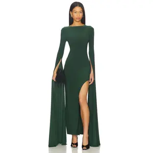 Norma Kamali Open Back Ribbon Sleeve Wide Slit Gown in Dark Emerald