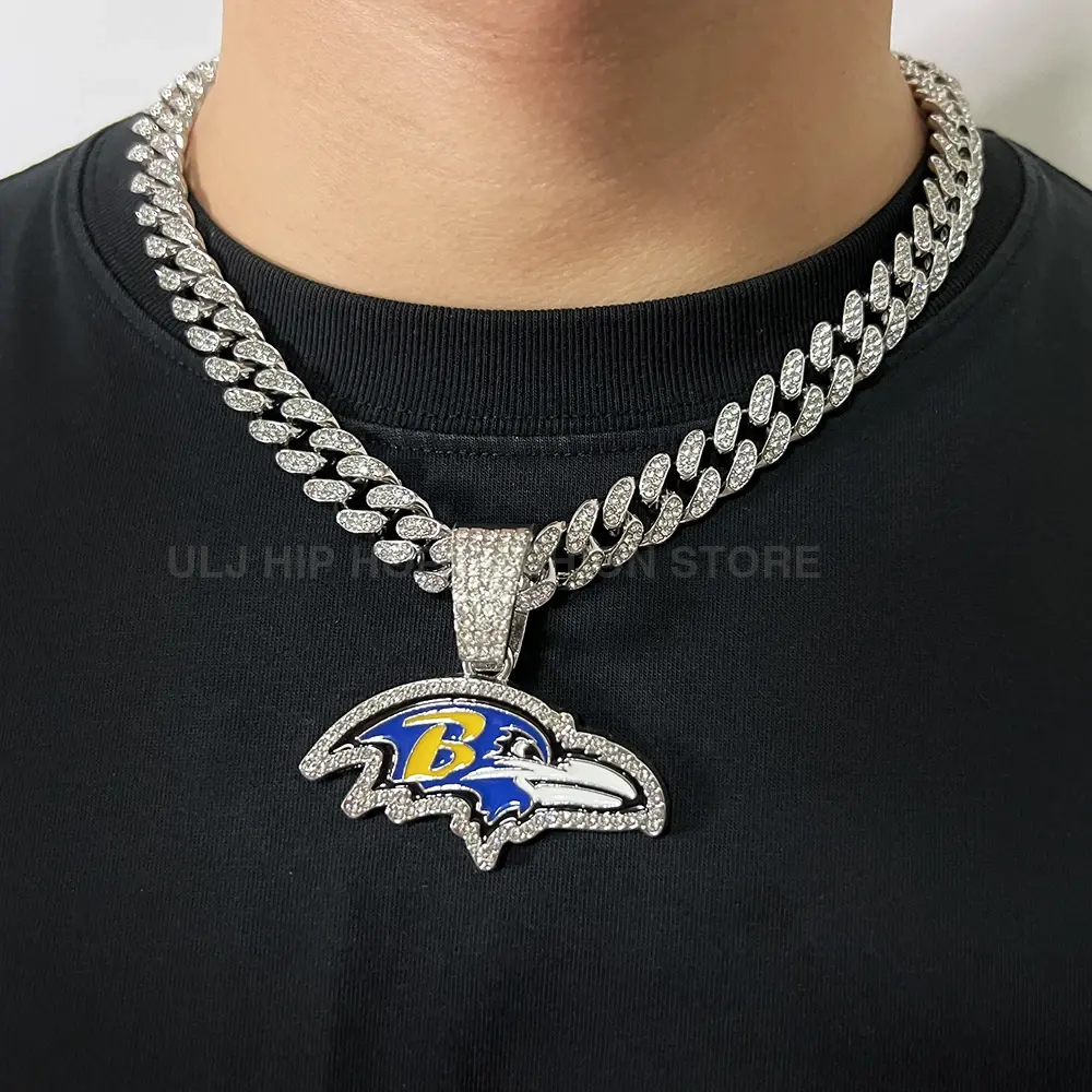 ULJ Hip Hop Football Pendant Necklace with Cuban Miami Chain – Iced Out Bling Jewelry for Men